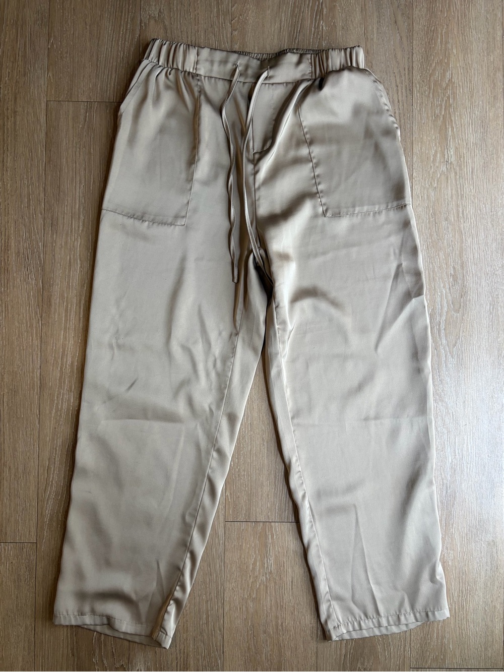 Beige Satin-Like Drawstring Wide Leg Trousers